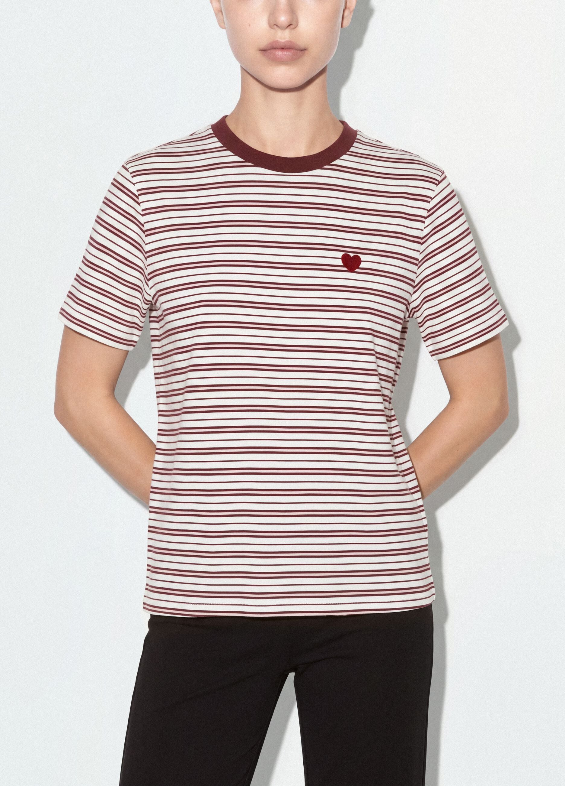 Multicolour relaxed-fit striped pure cotton T-shirt with chest embroidery