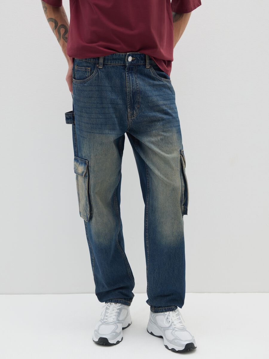 Baggy denim jeans in pure blue cotton with cargo pockets_1