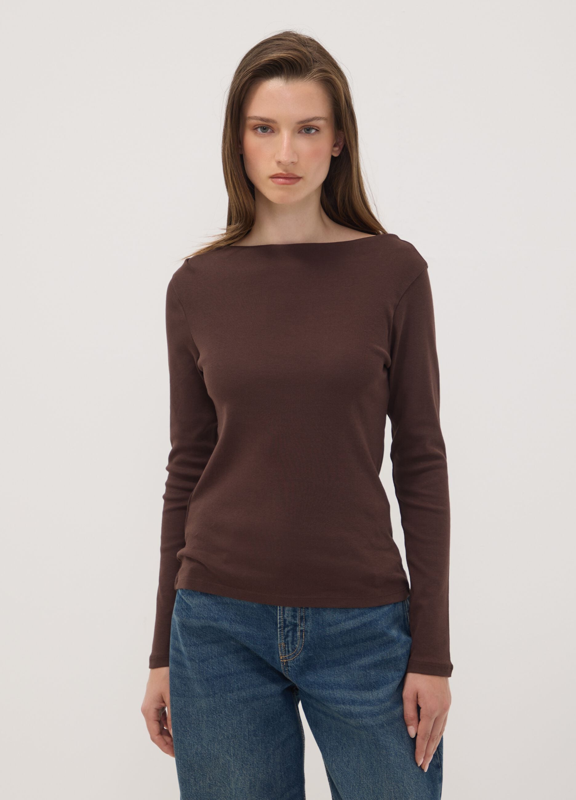 Brown pure cotton crew-neck T-shirt