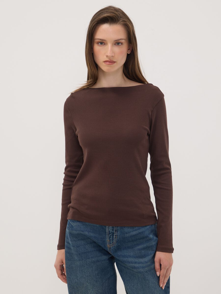 T-shirt marrone in puro cotone con girocollo_0