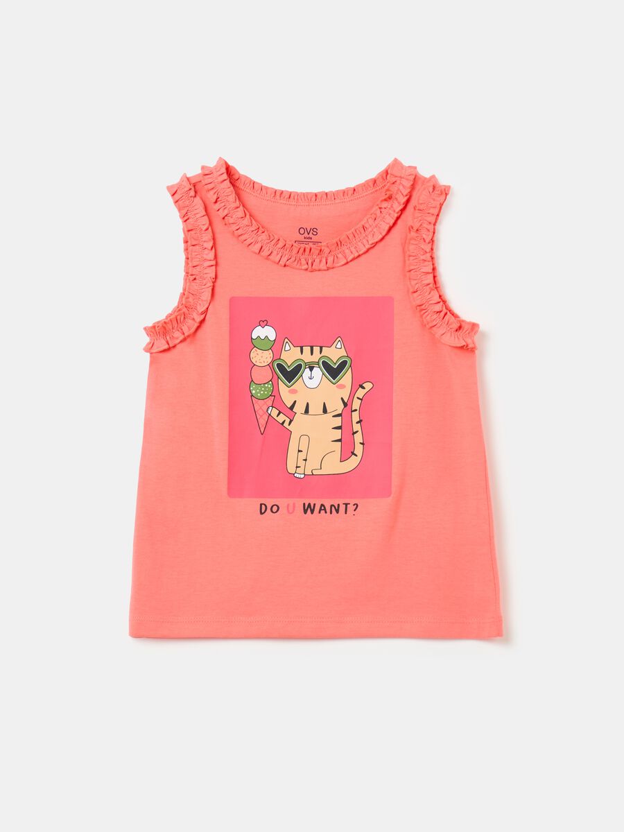 Cotton tank top with frills and print_0