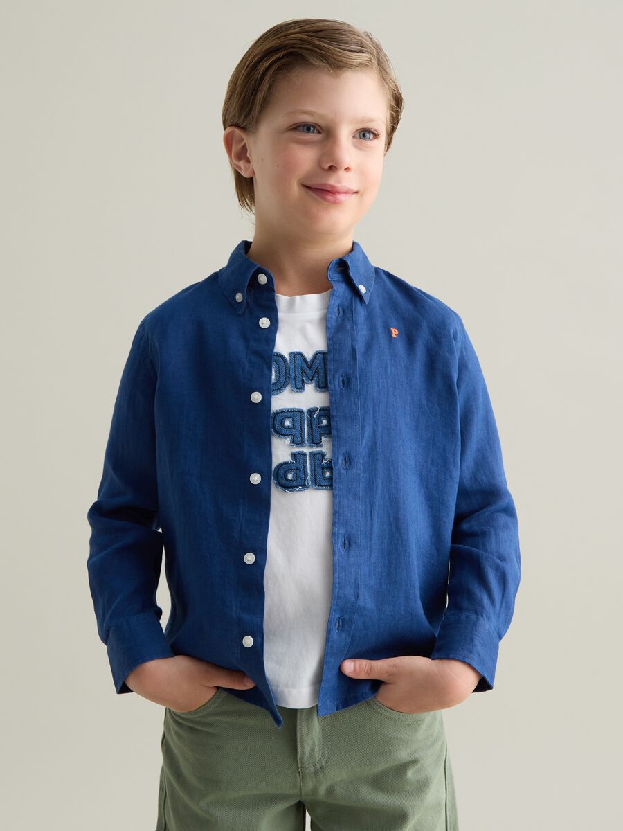 Blue linen shirt with logo embroidery_0