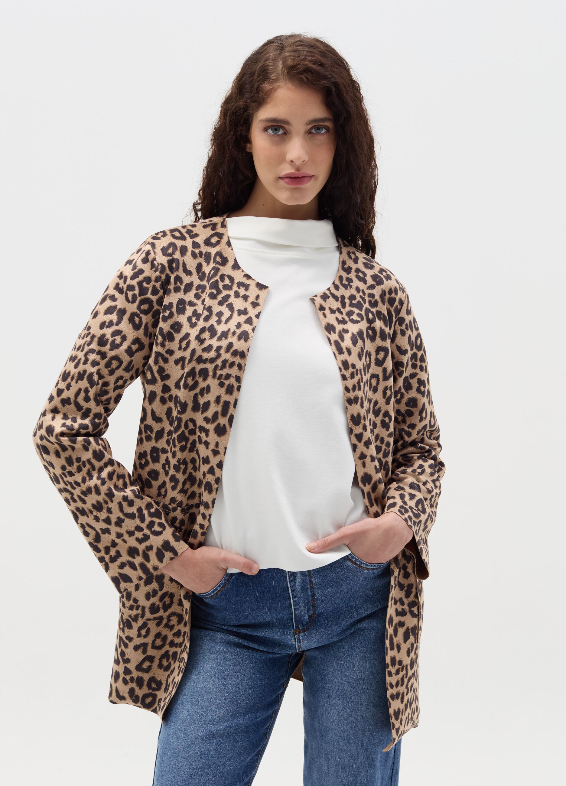 Long open jacket with animal print