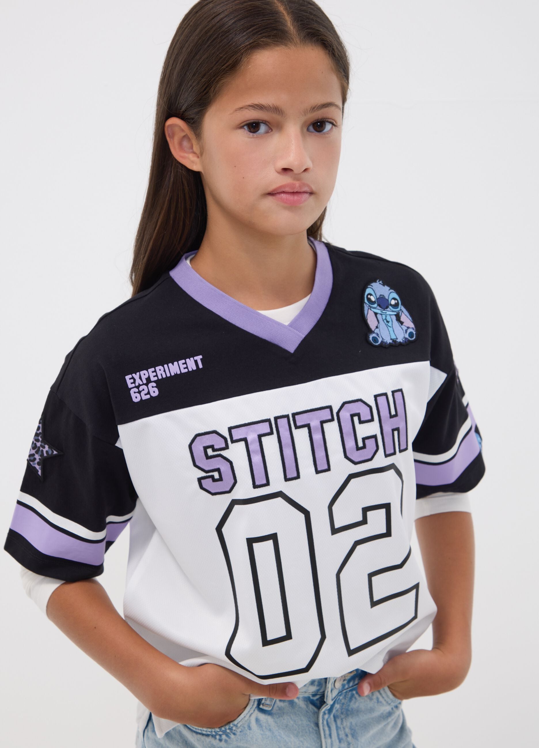 T-shirt boxy fit bianca e nera a tema Lilo & Stitch per ragazza