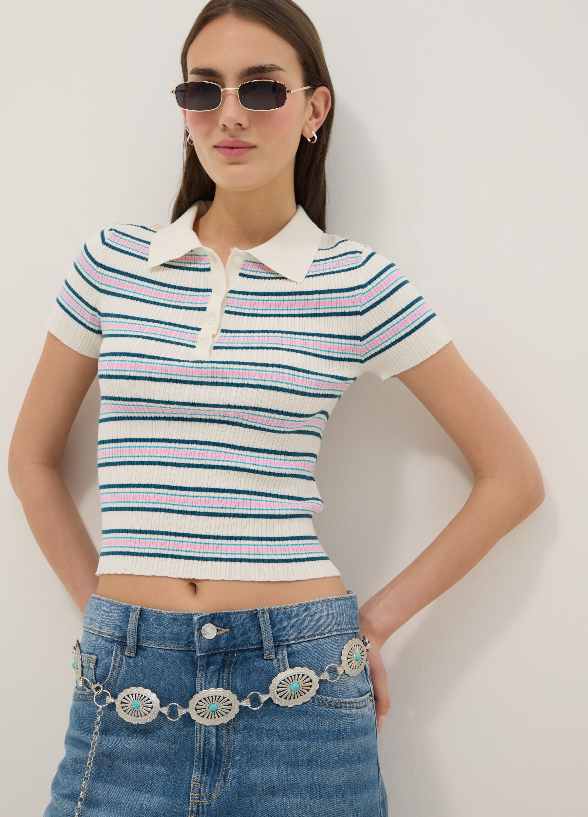 Fitted sweater in viscose blend with multicoloured stripes and polo collar