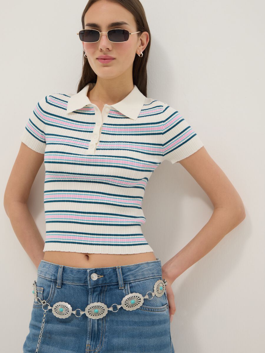 Maglione fitted in misto viscosa a righe multicolor con collo polo_0