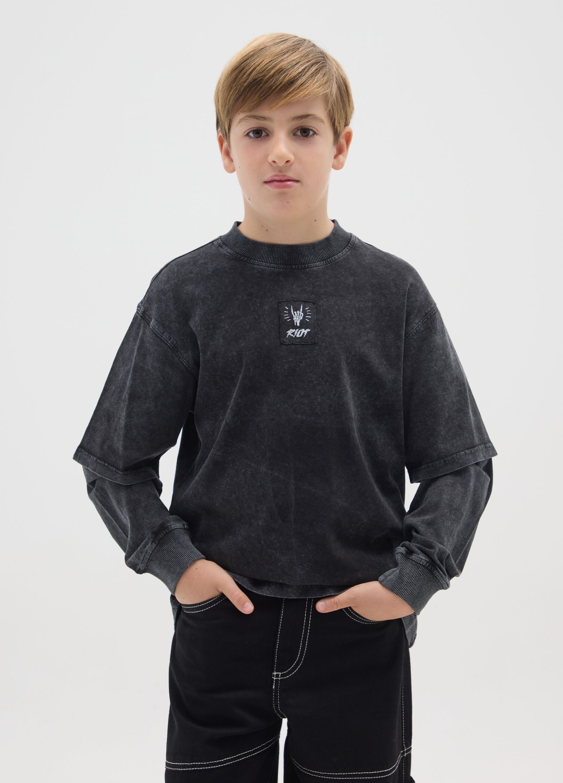 Boys' black long sleeve t-shirt in pure cotton