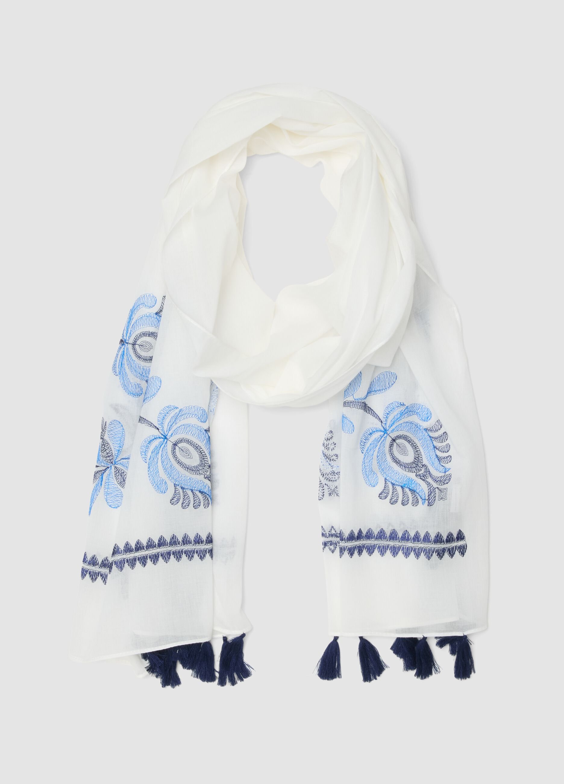 White pure cotton scarf with blue floral embroidery