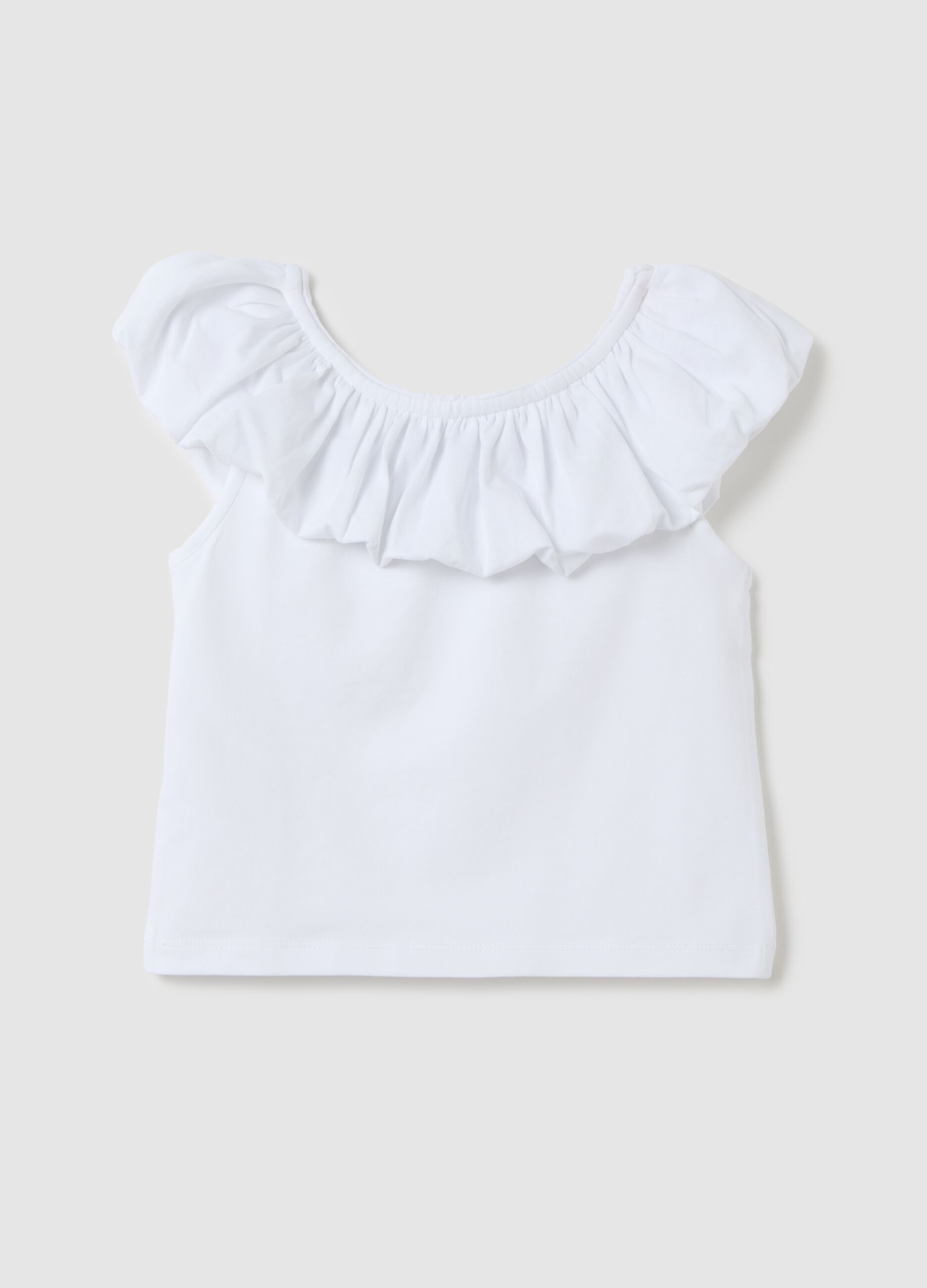 White T-shirt with ruffle neckline