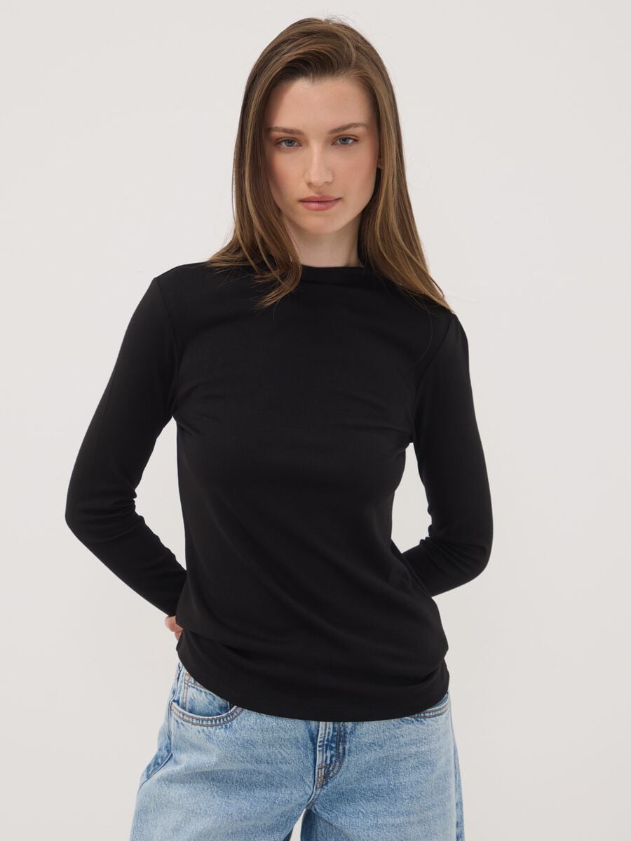 Black stretch viscose crew-neck T-shirt_1