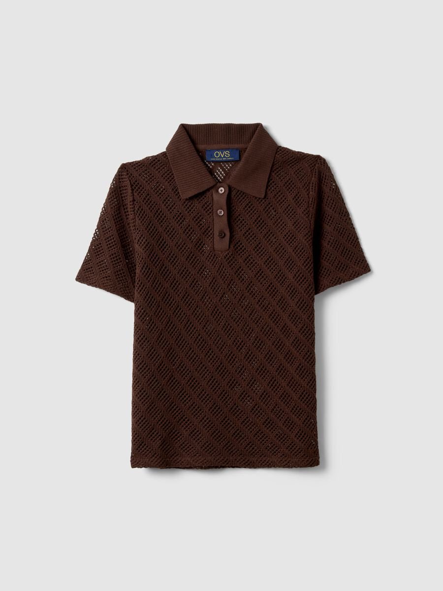 Brown regular fit short sleeve polo with mesh texture_4