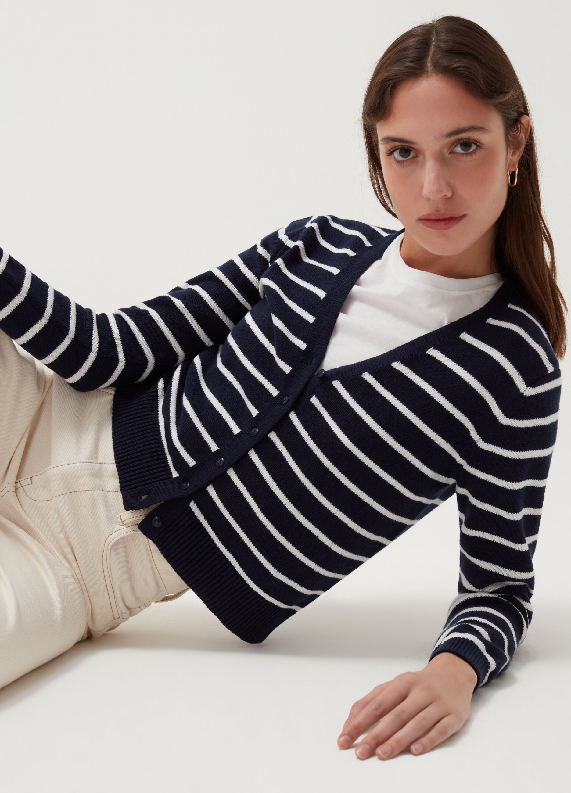 Short cardigan in striped cotton