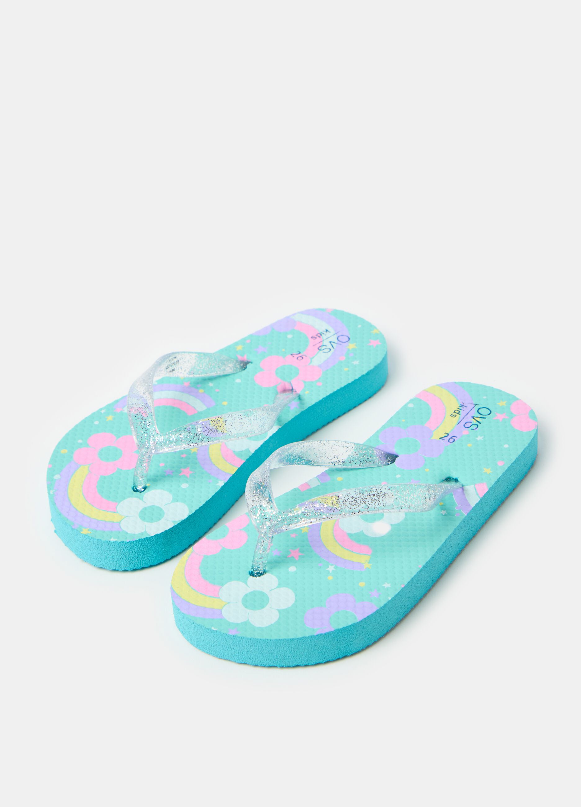 Thong sandals with glitter and print