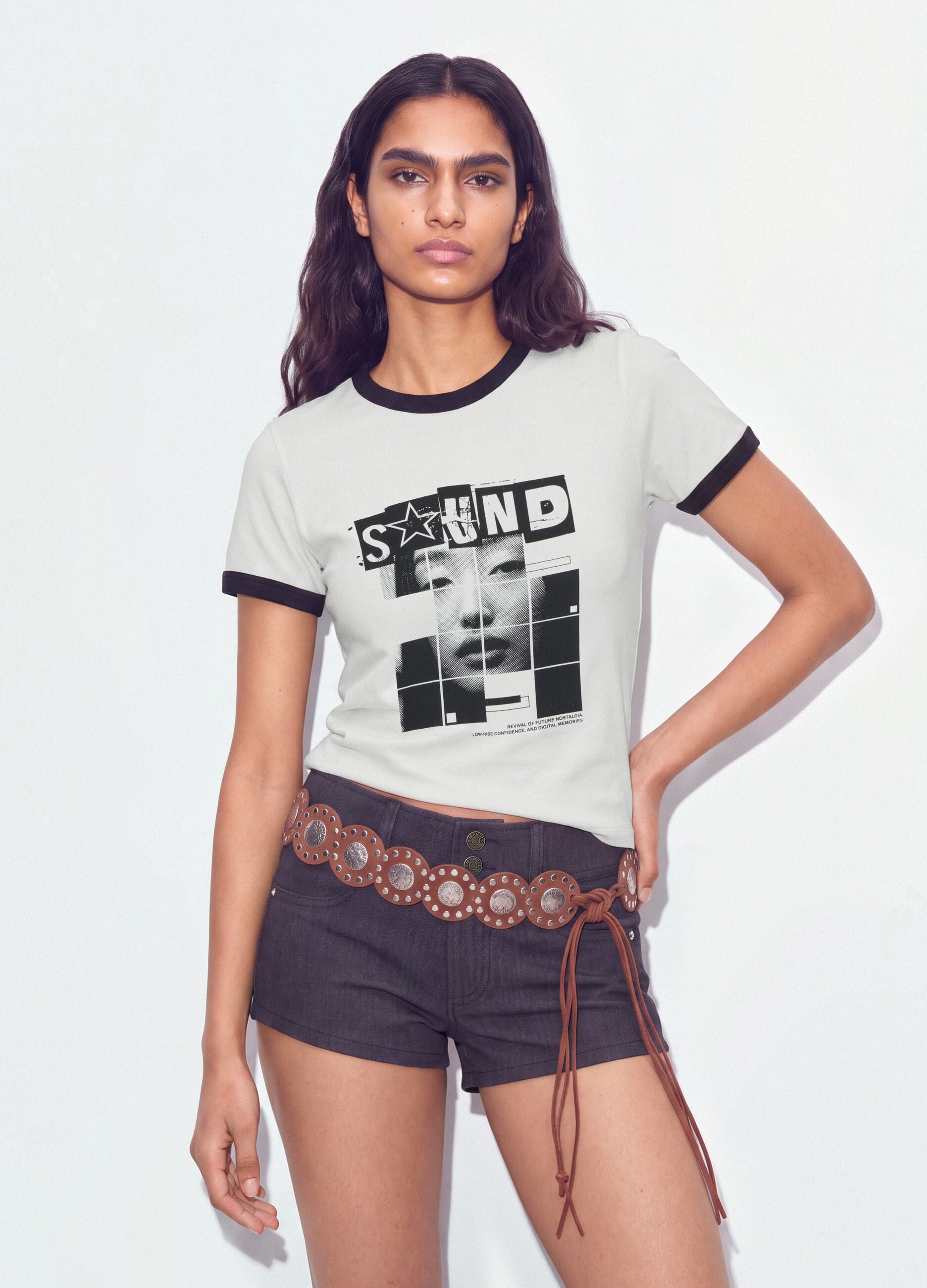 White cotton T-shirt with front graphic print and contrast trims