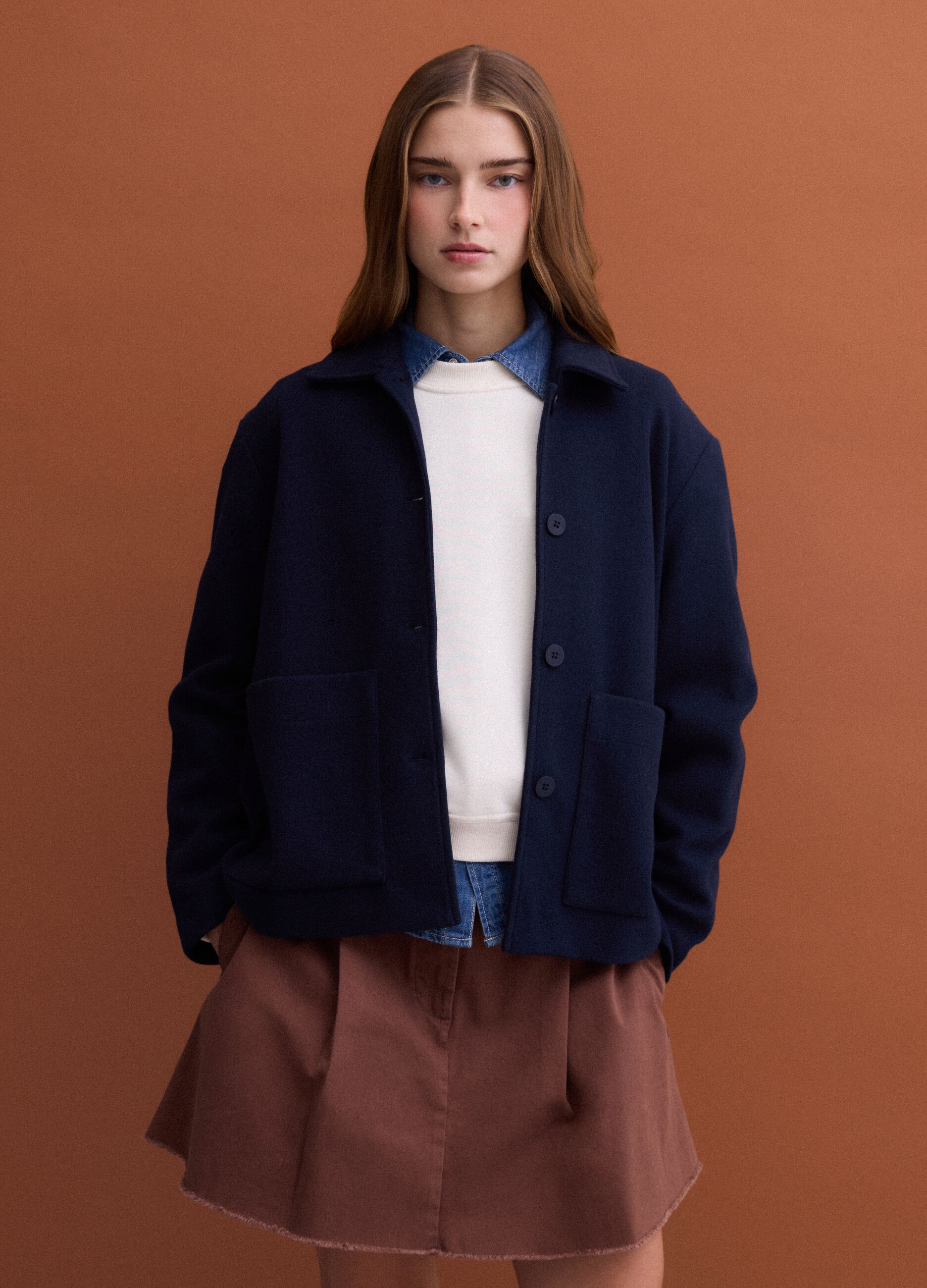 Navy blue viscose-blend jacket with crew neck, regular fit