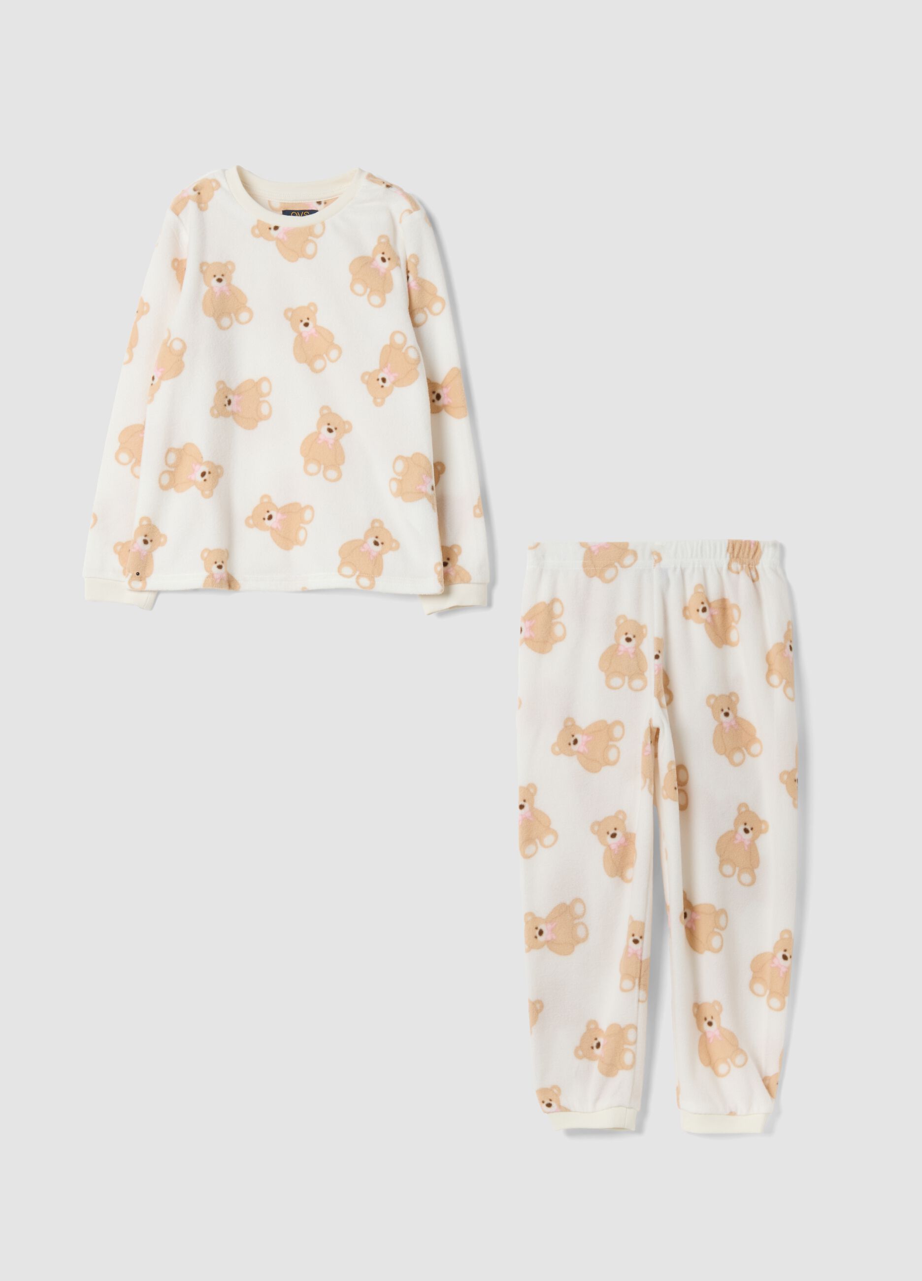 White crew-neck pyjamas with teddy bear print