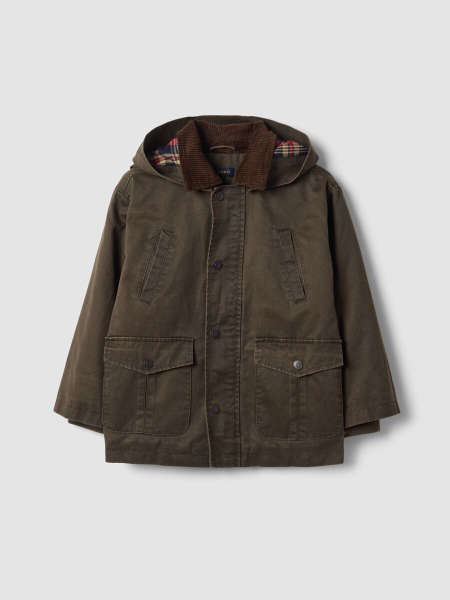 Giacca idrorepellente verde imbottita in misto cotone con cappuccio_0