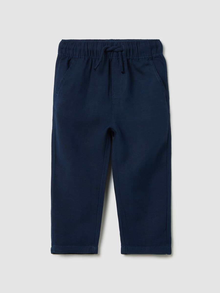 Blue trousers in linen and viscose with drawstring_0