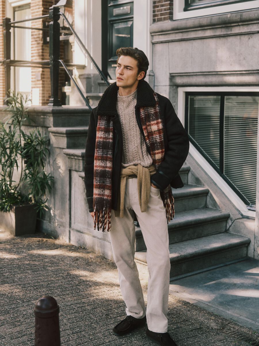 Beige braided pullover with high neck in wool blend regular fit_0