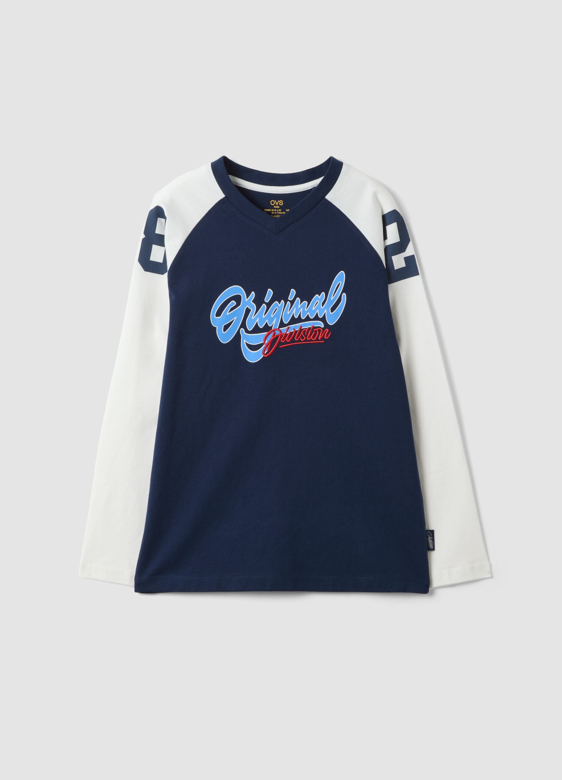 T-shirt blu in puro cotone con girocollo e stampa per ragazzo