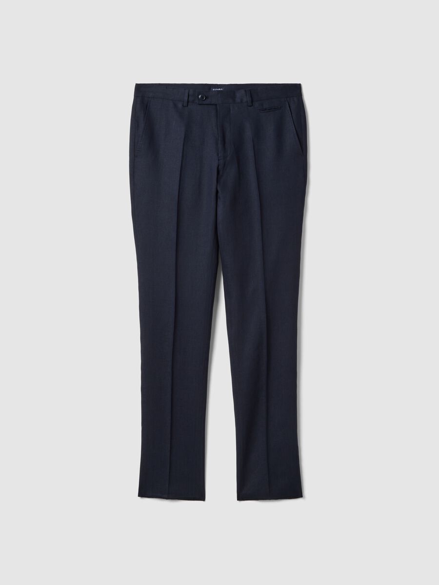 Pantaloni in puro lino blu regular fit_0
