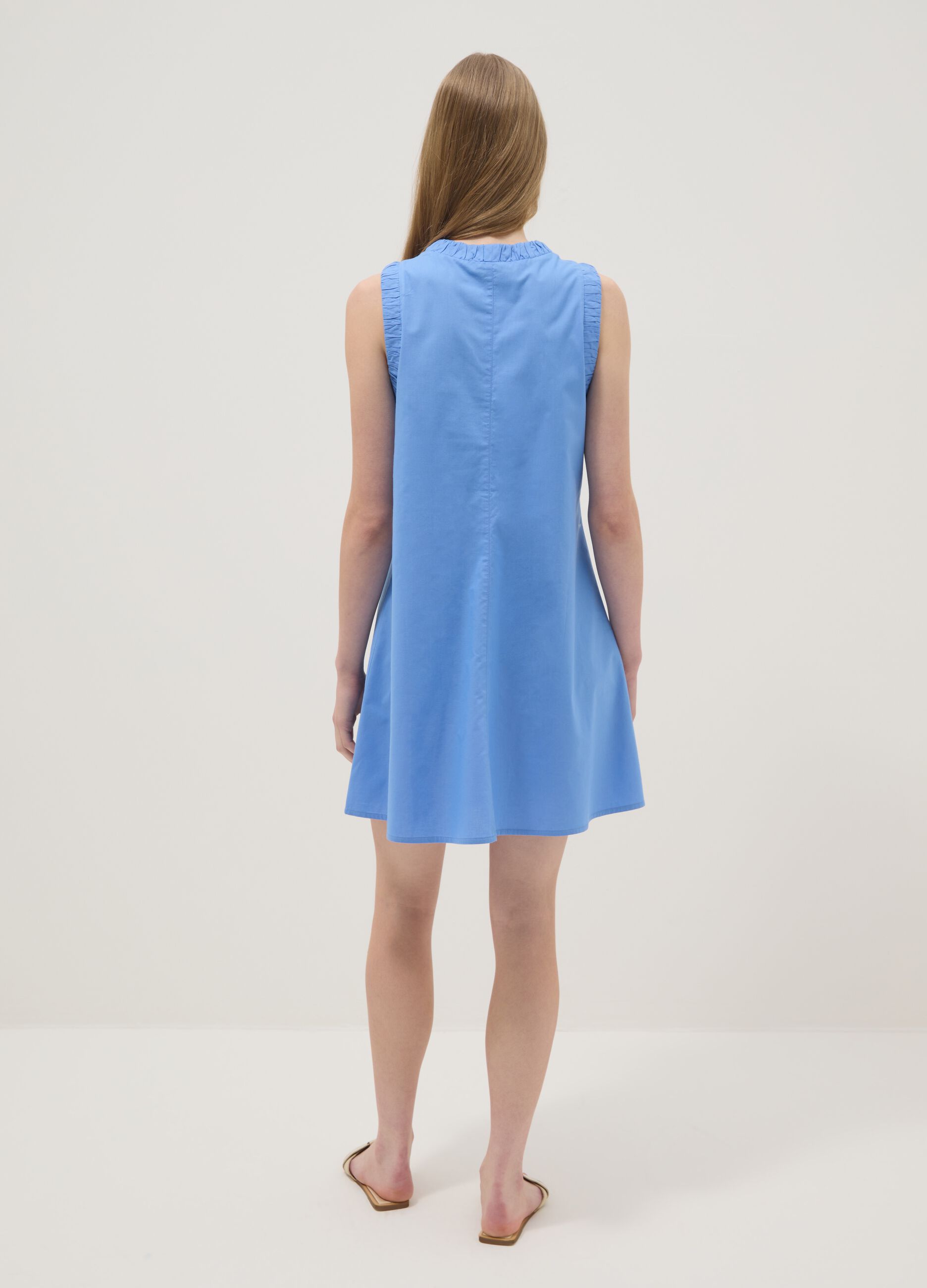 Light Blue Pure Cotton Regular Mini Dress with Ruched V-Neck