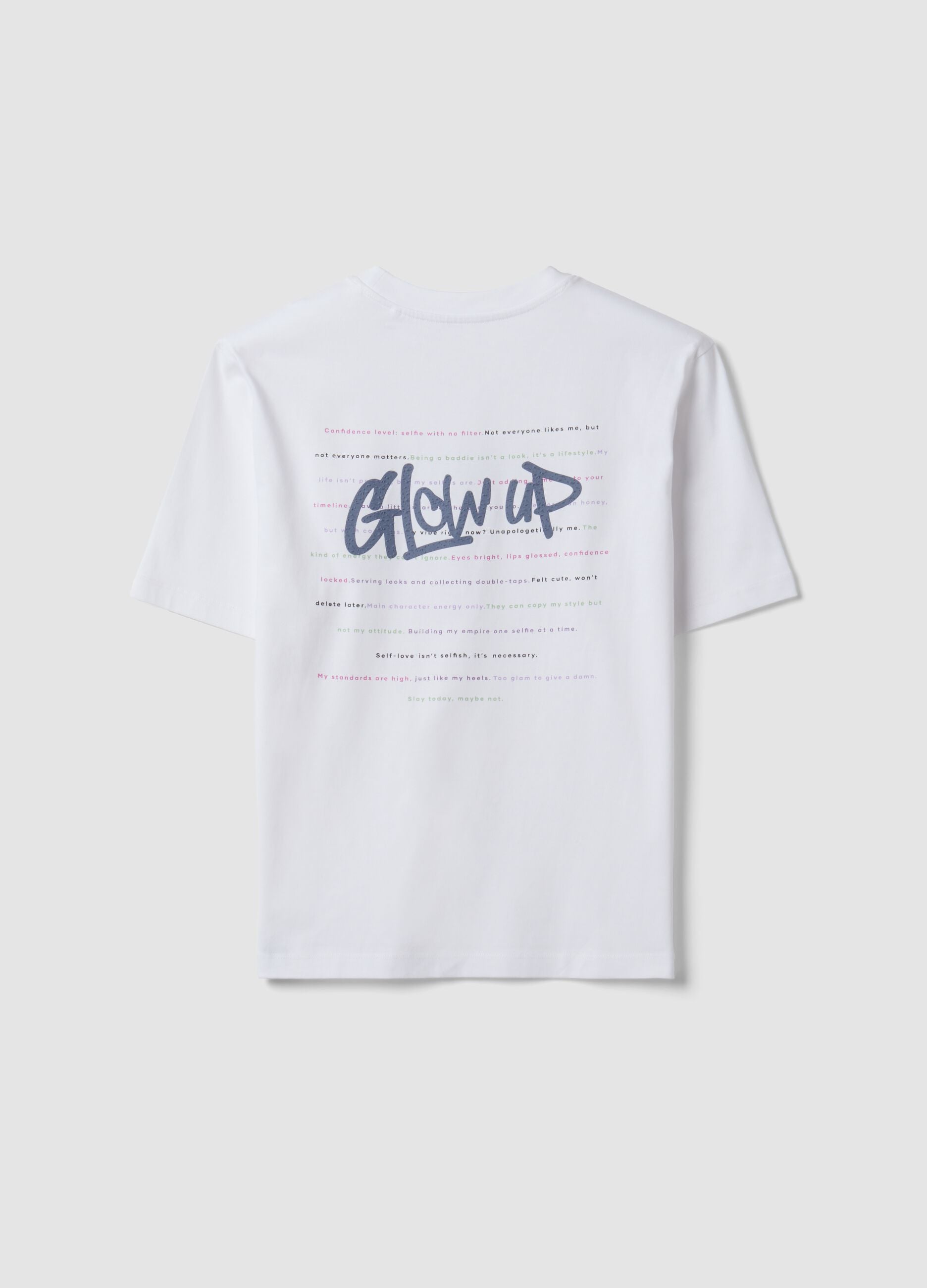 White pure cotton T-shirt with ribbed neckline and &lsquo;Glow Up&rsquo; slogan