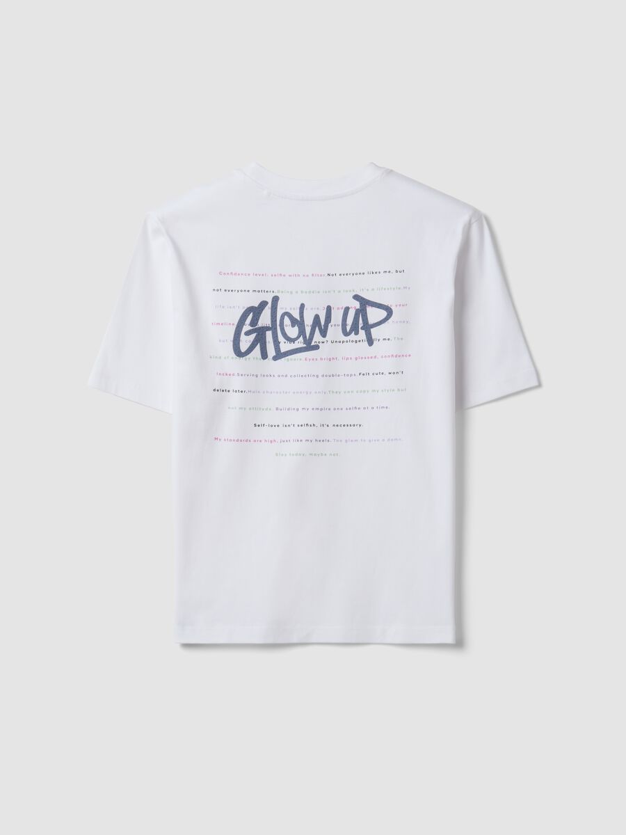 White pure cotton T-shirt with ribbed neckline and &lsquo;Glow Up&rsquo; slogan_5