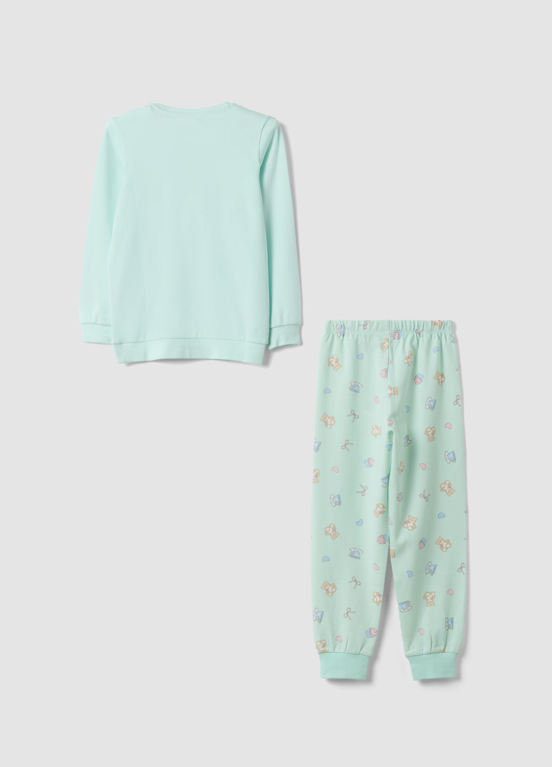 Green organic cotton pyjamas with crew neck and print for girls