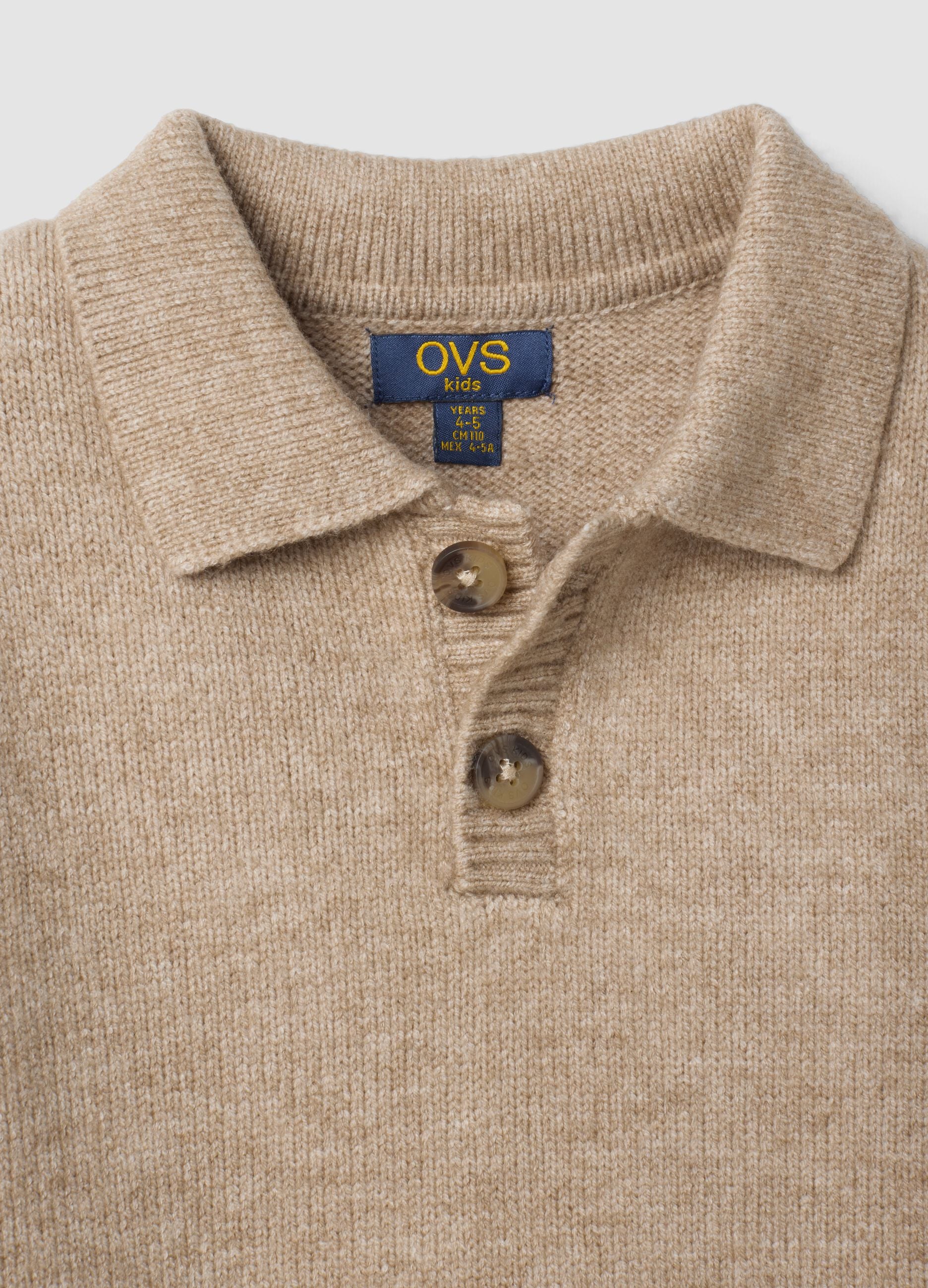 Beige regular-fit polo-collar jumper with ribbed trims