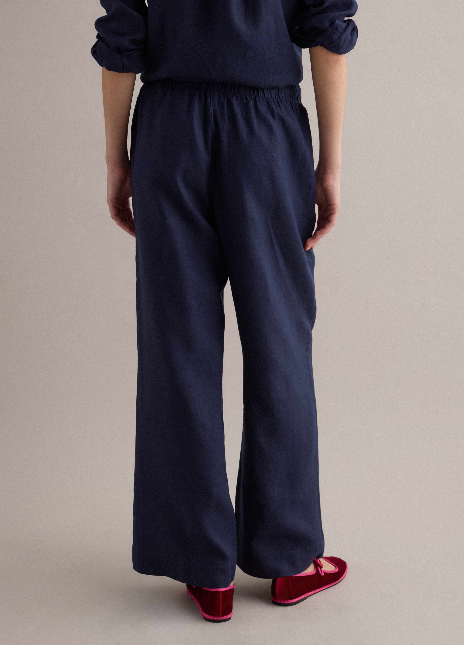 Blue pure linen drawstring trousers, straight fit