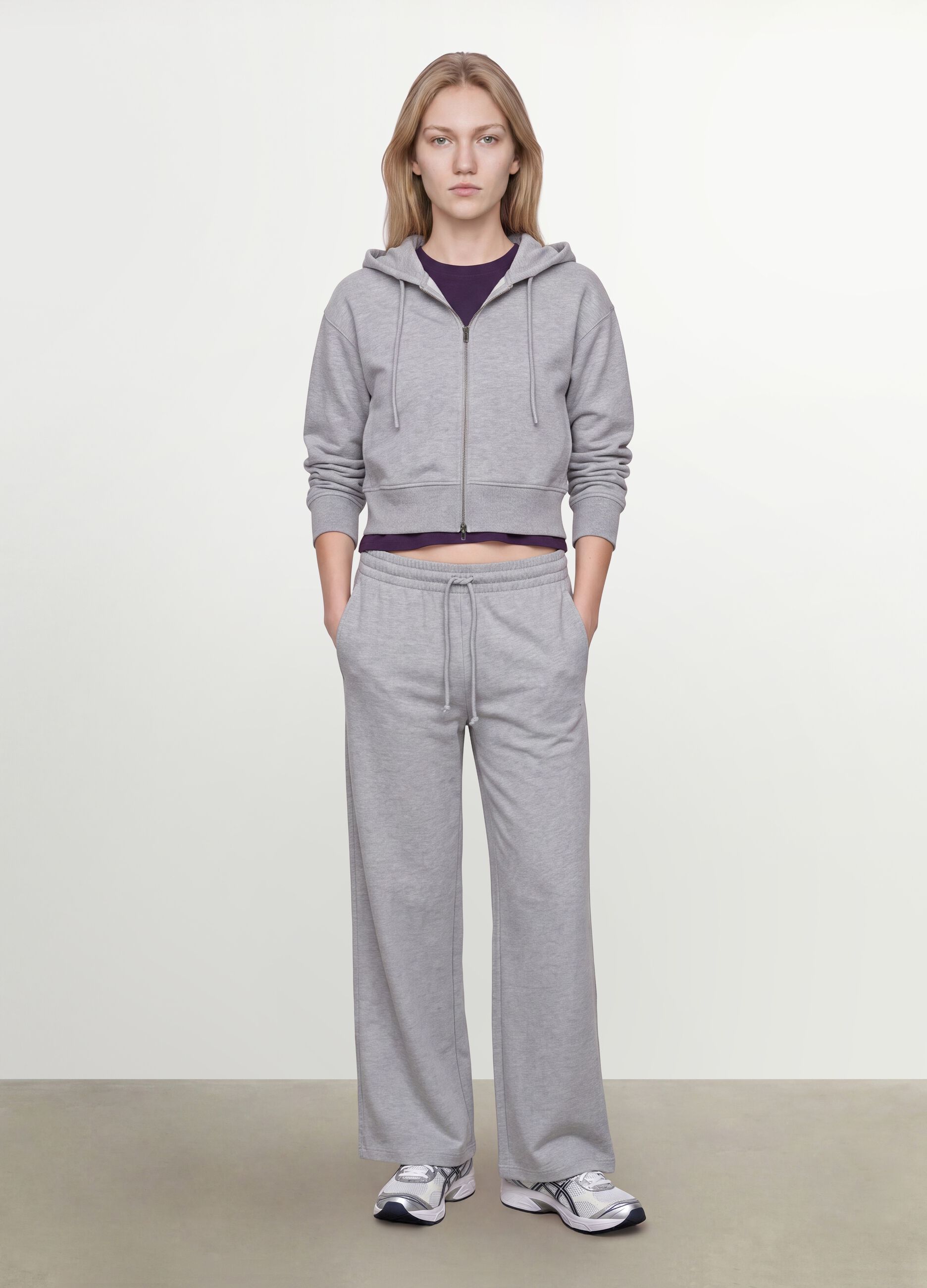Grey full-zip cotton-blend hoodie, fitted