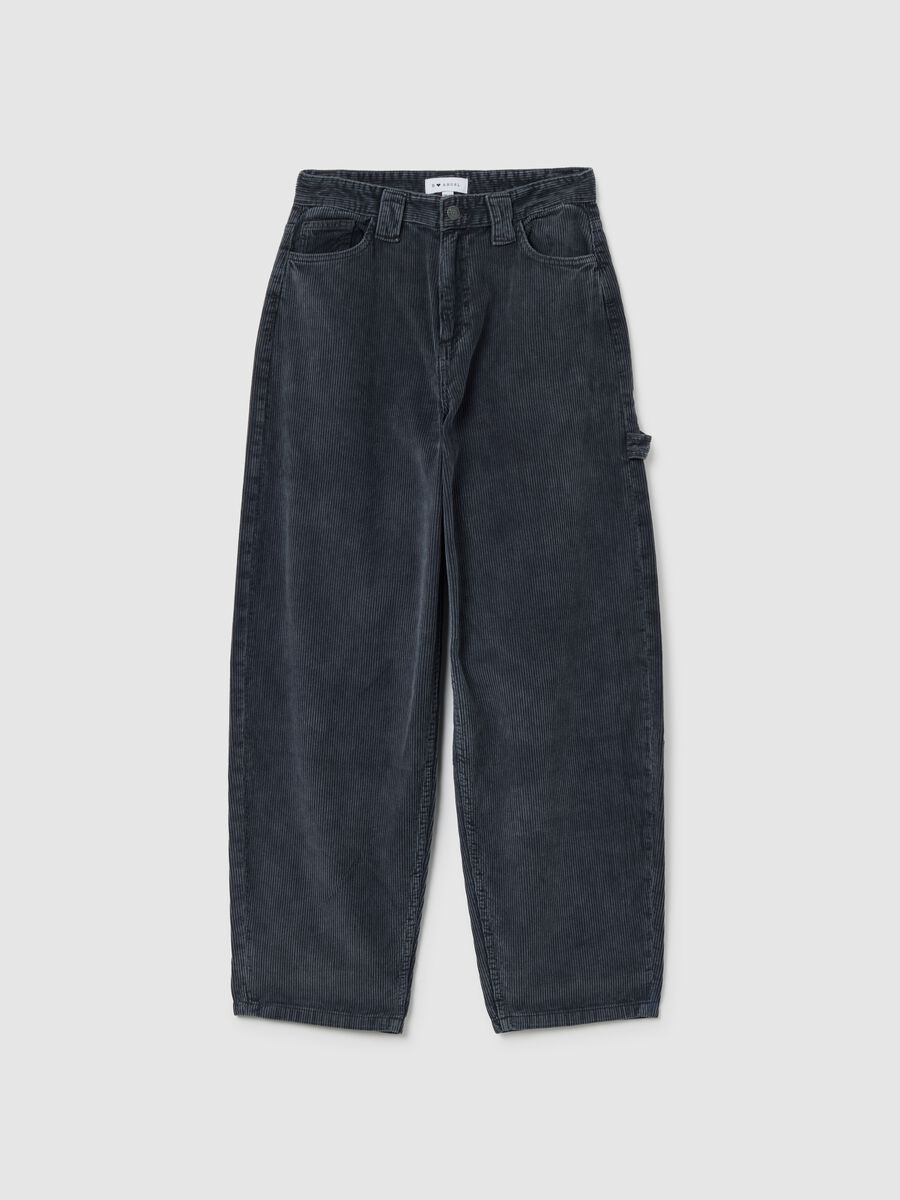 Pantaloni baggy blu scuro in puro cotone a coste relaxed fit_5