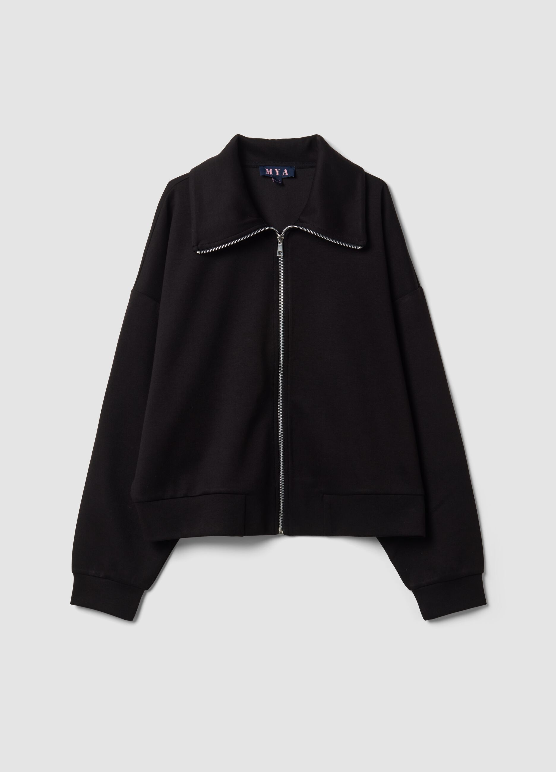Black full-zip stretch viscose sweatshirt with collar