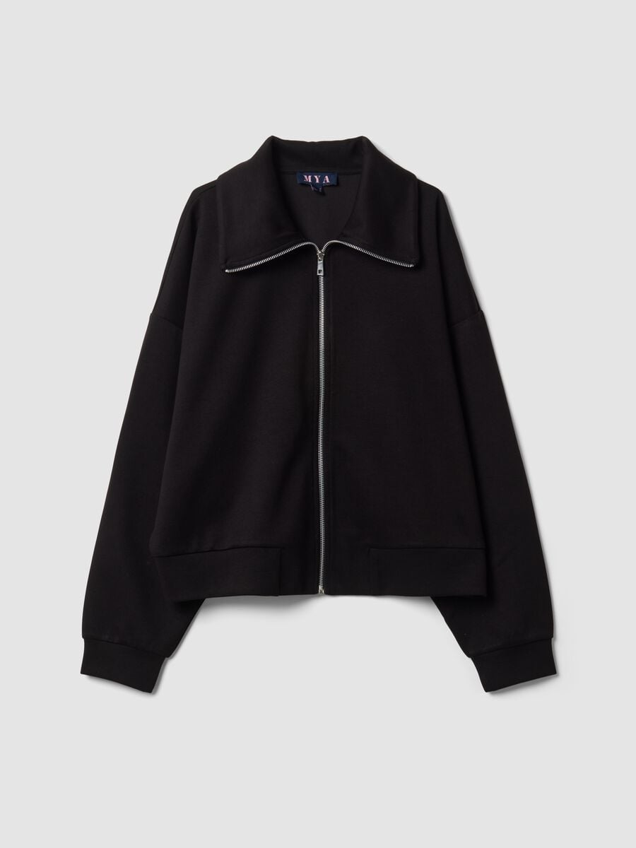 Felpa full zip nera in viscosa elasticizzata con colletto_0