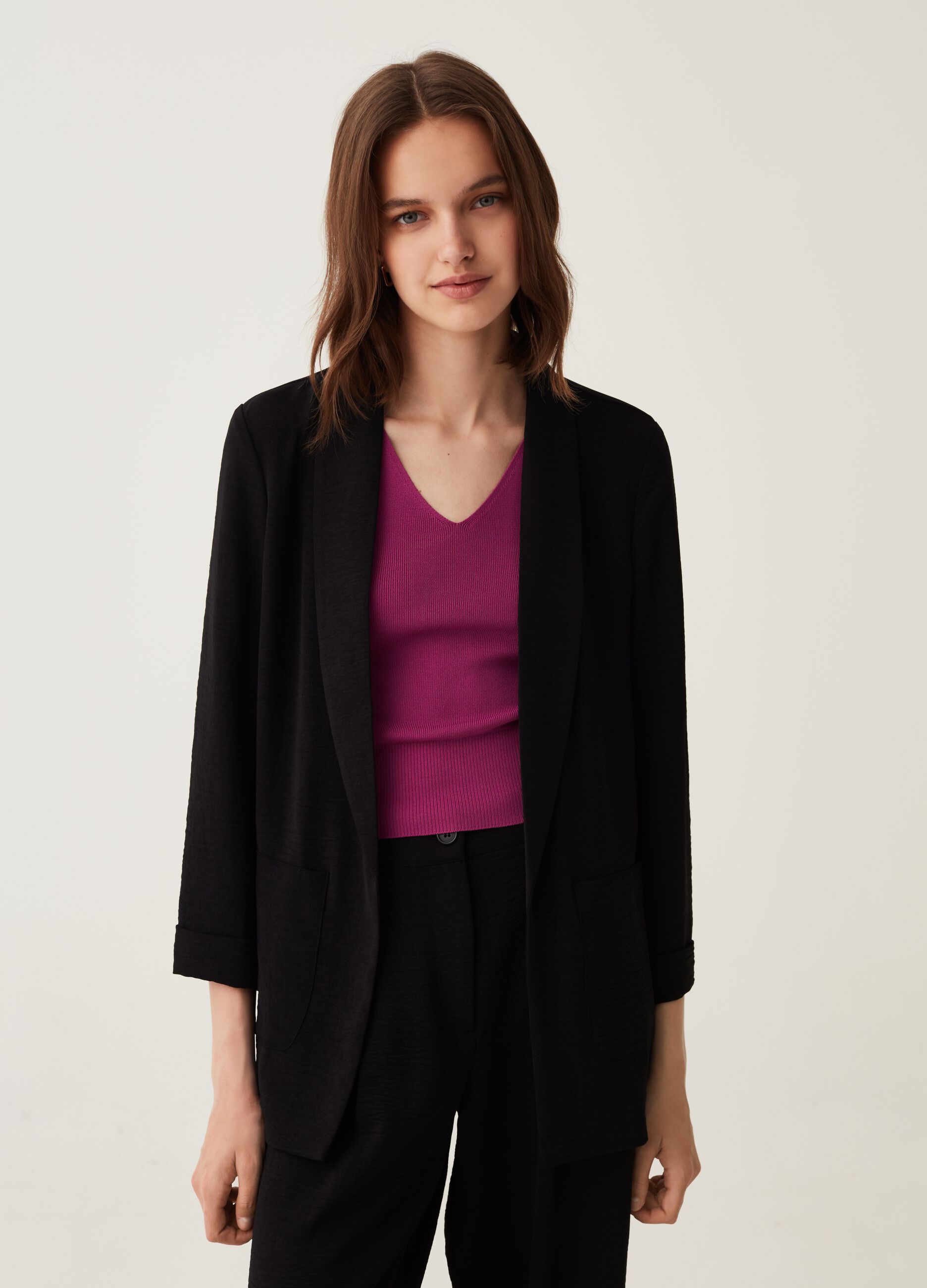 Blazer aperto in tessuto fluido_0