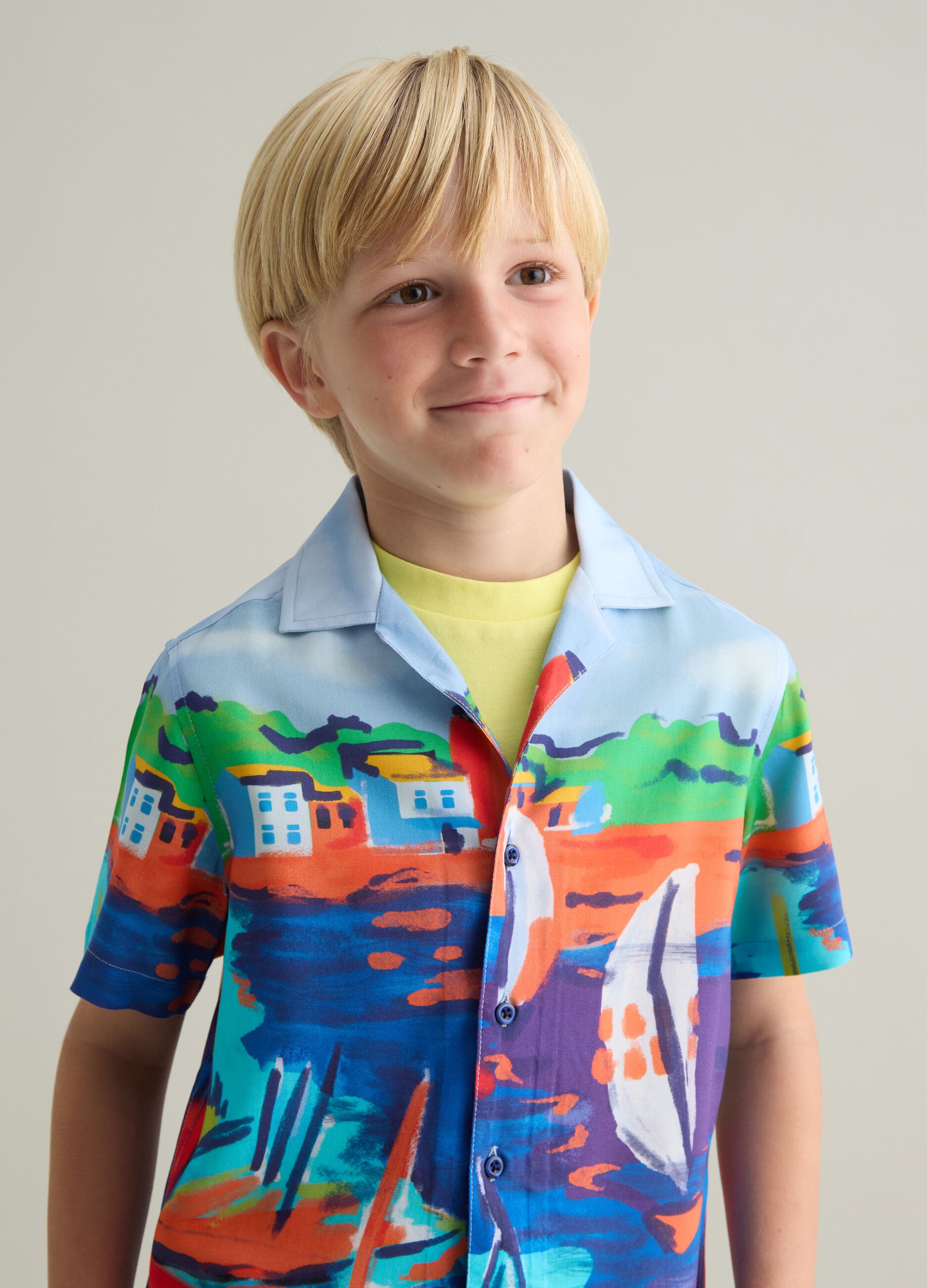 Multicolour pure viscose over fit boys' shirt with marine landscape print