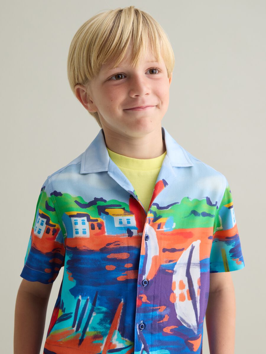 Multicolour pure viscose over fit boys' shirt with marine landscape print_1