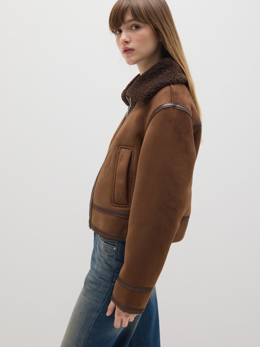 Brown jacket with zip in stretch fabric_0