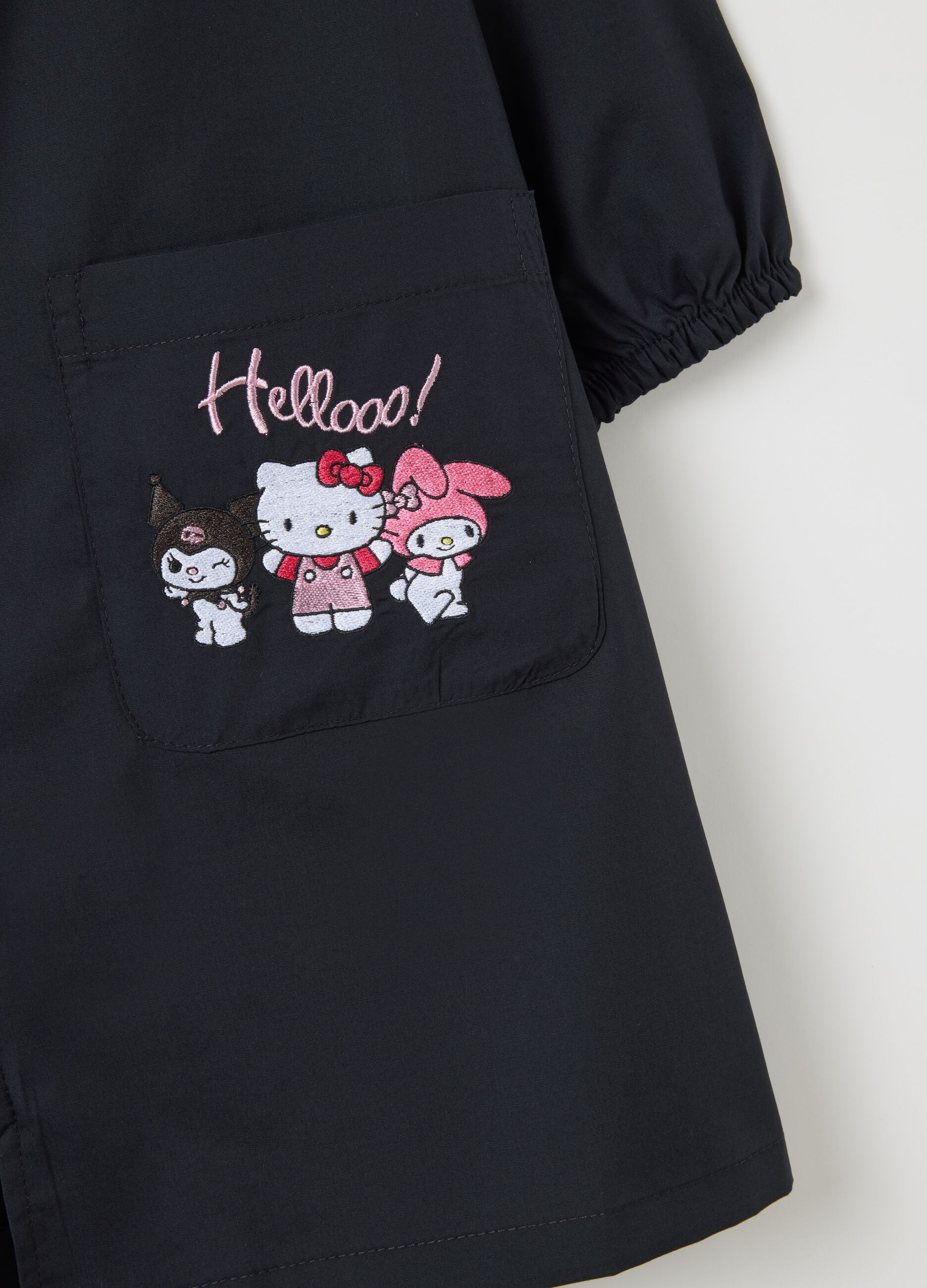 Girls' black cotton blend school apron with embroidery
