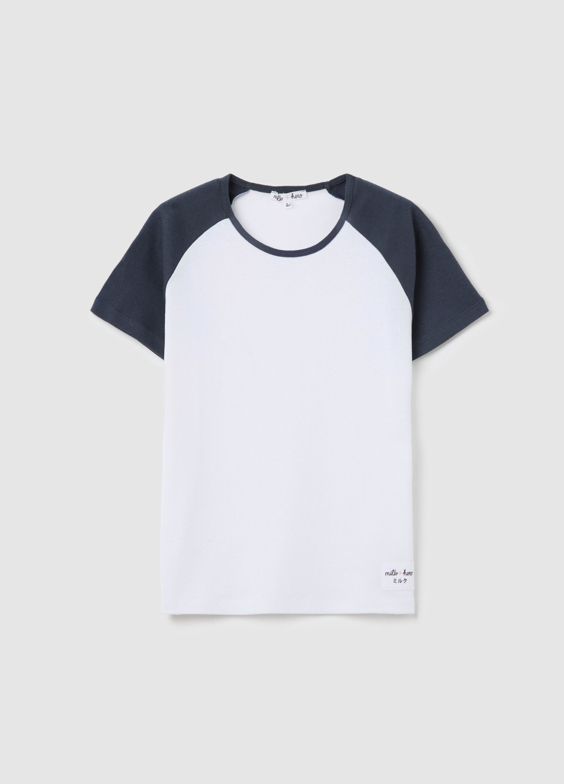 White T-shirt with blue raglan sleeves