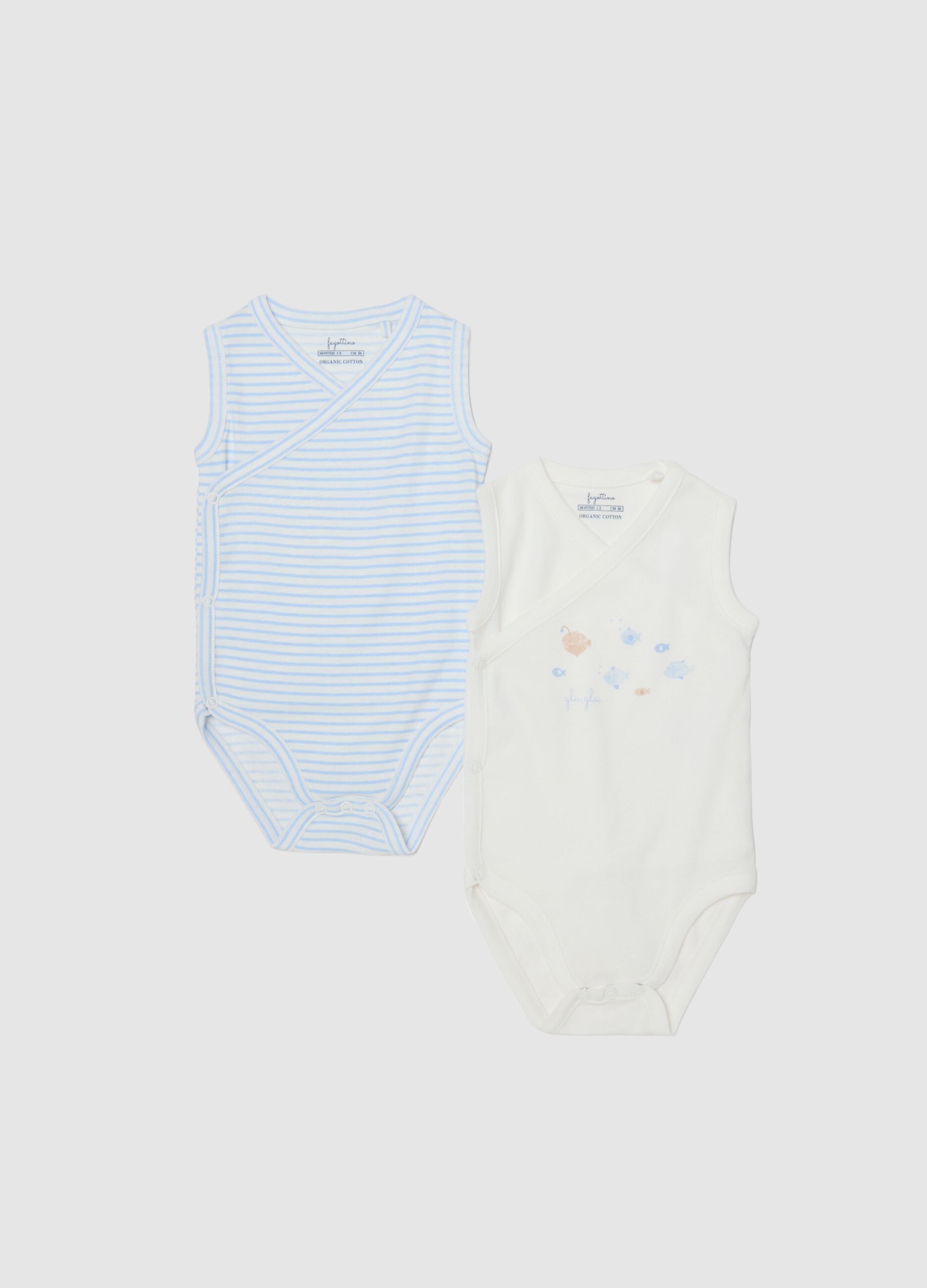 Sleeveless multicoloured pure cotton baby bodysuits twin pack