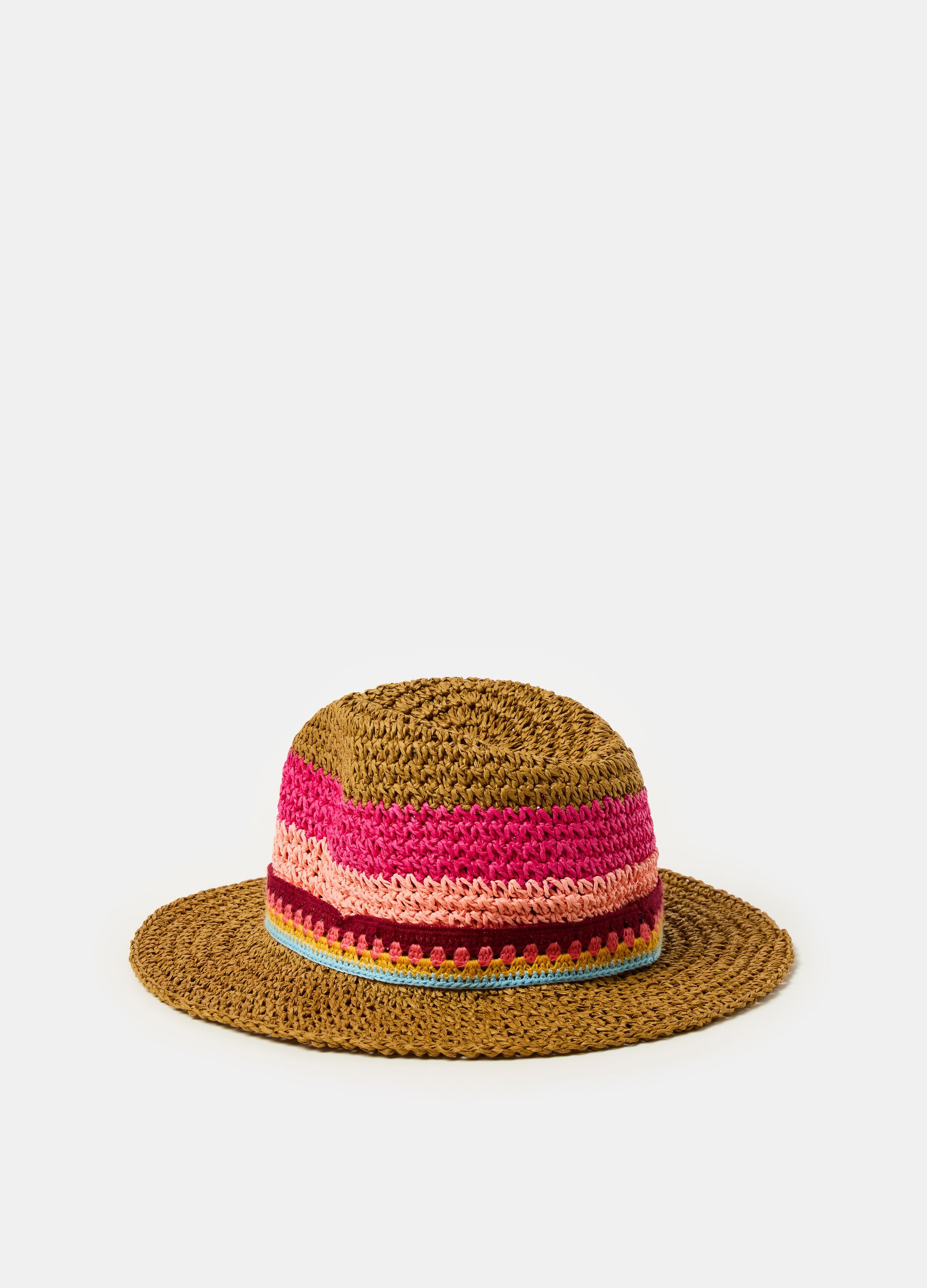 Straw hat with crochet ribbon