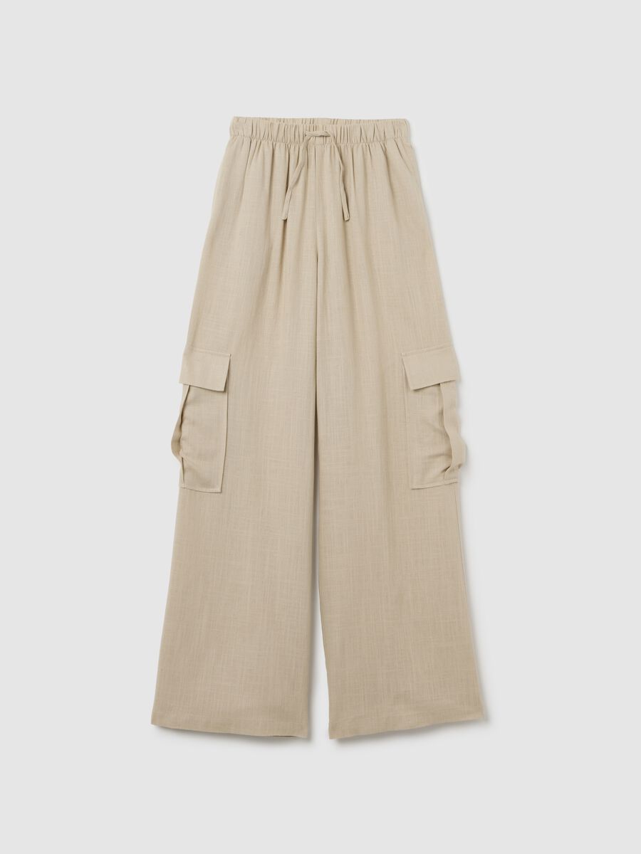 Women's beige trousers in viscose and linen blend with wide leg_4