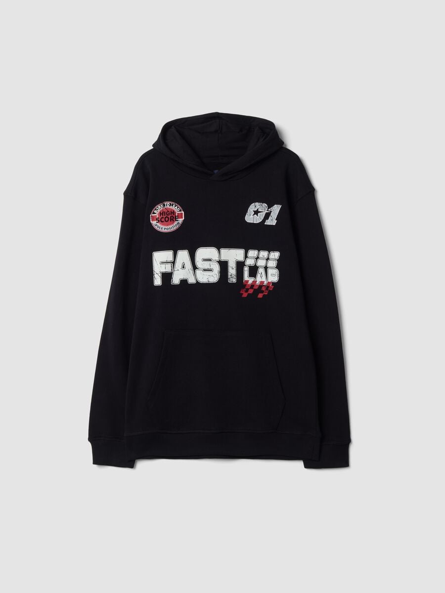 Hoodie nera in puro cotone organico con stampe racing relaxed fit_0