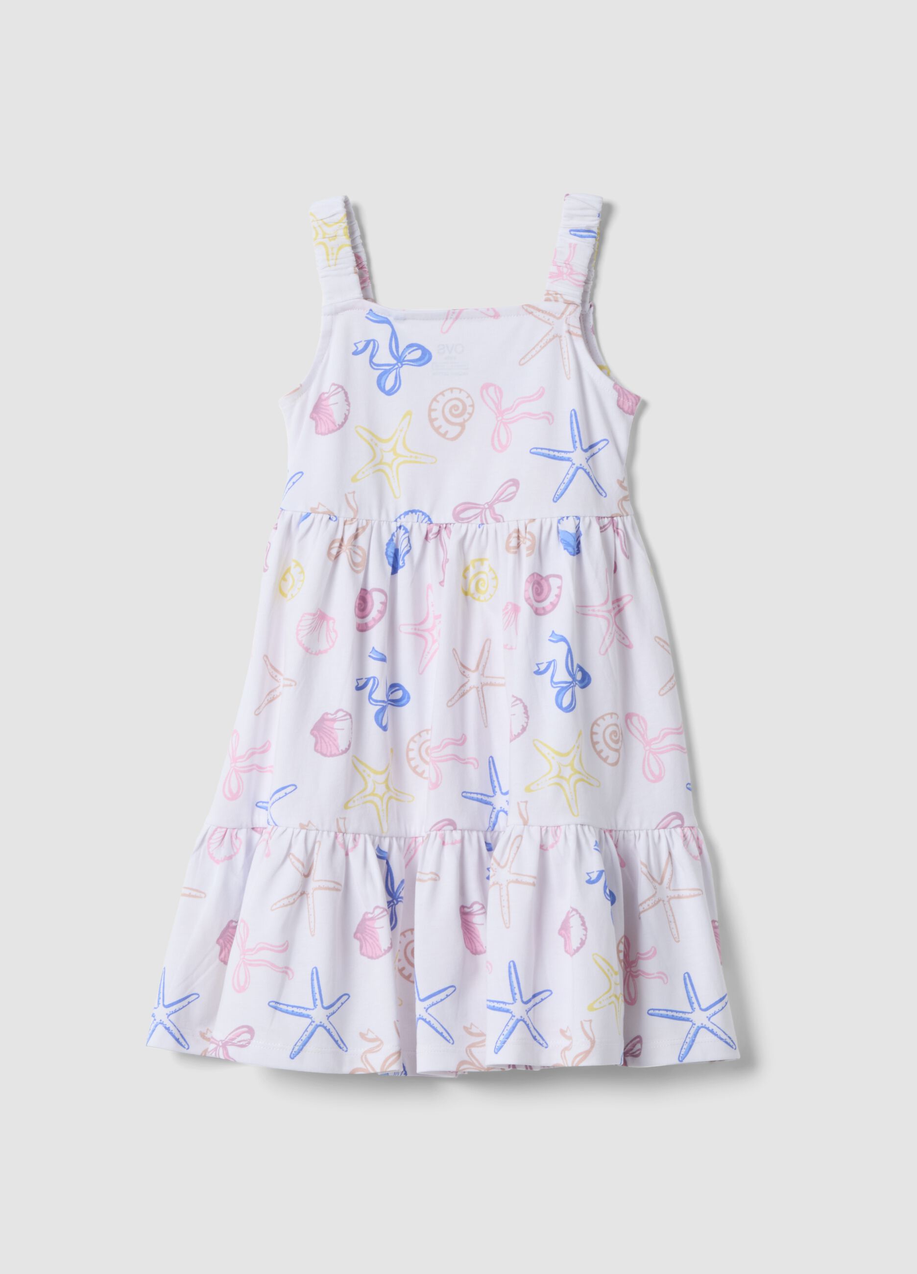 White pure cotton girls&rsquo; dress, regular fit, with seaside prints
