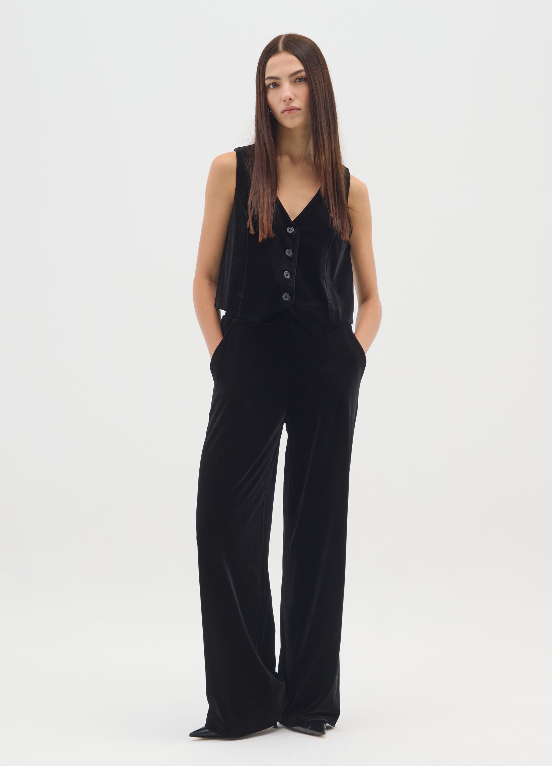 Black Velour Wide Leg Trousers
