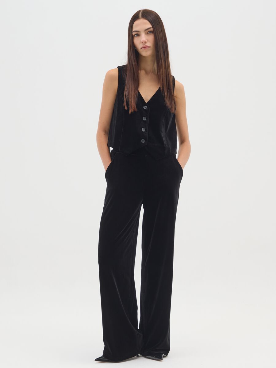 Black Velour Wide Leg Trousers_0