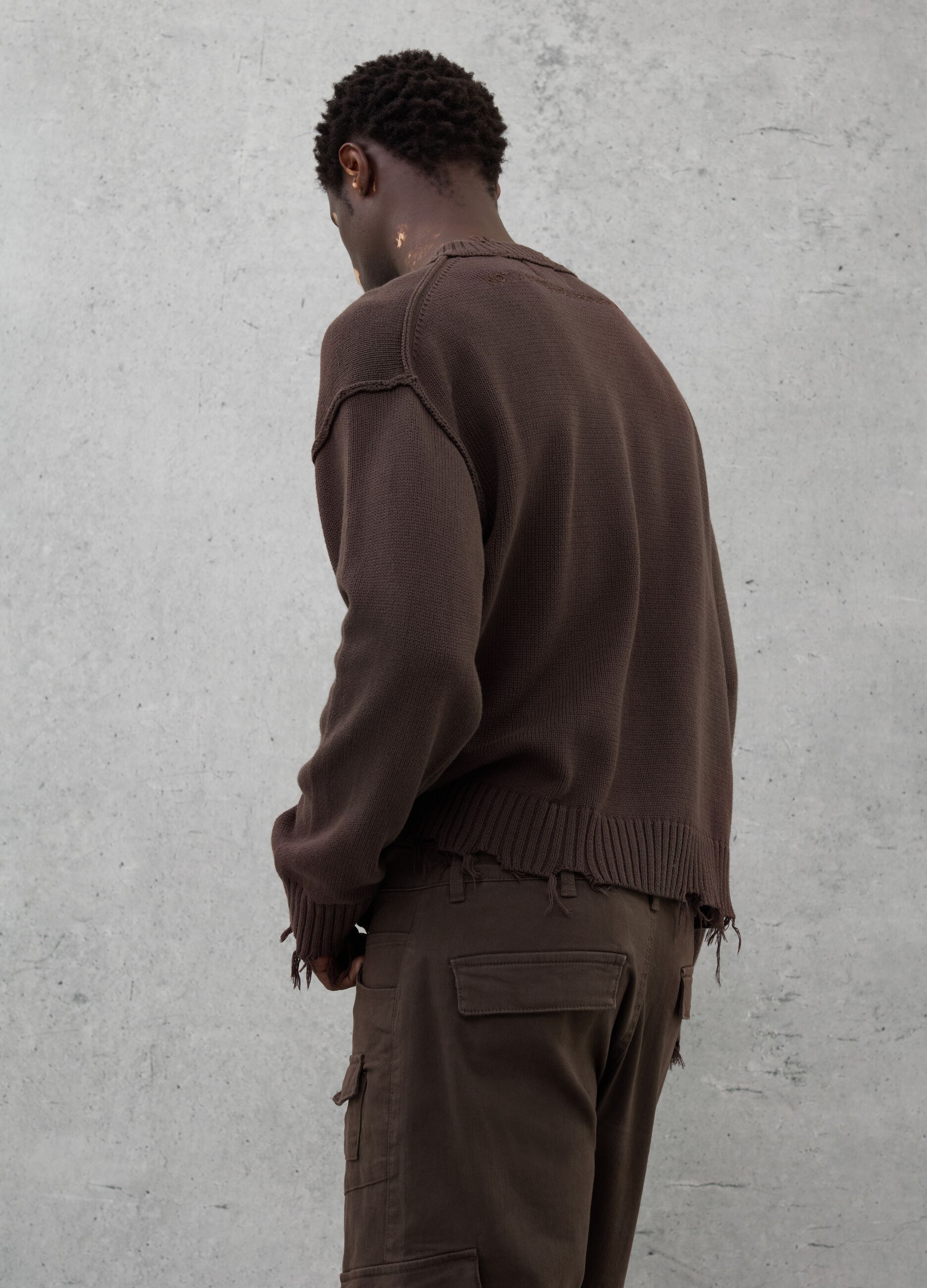Crewneck Distressed Pullover Chocolate Brown