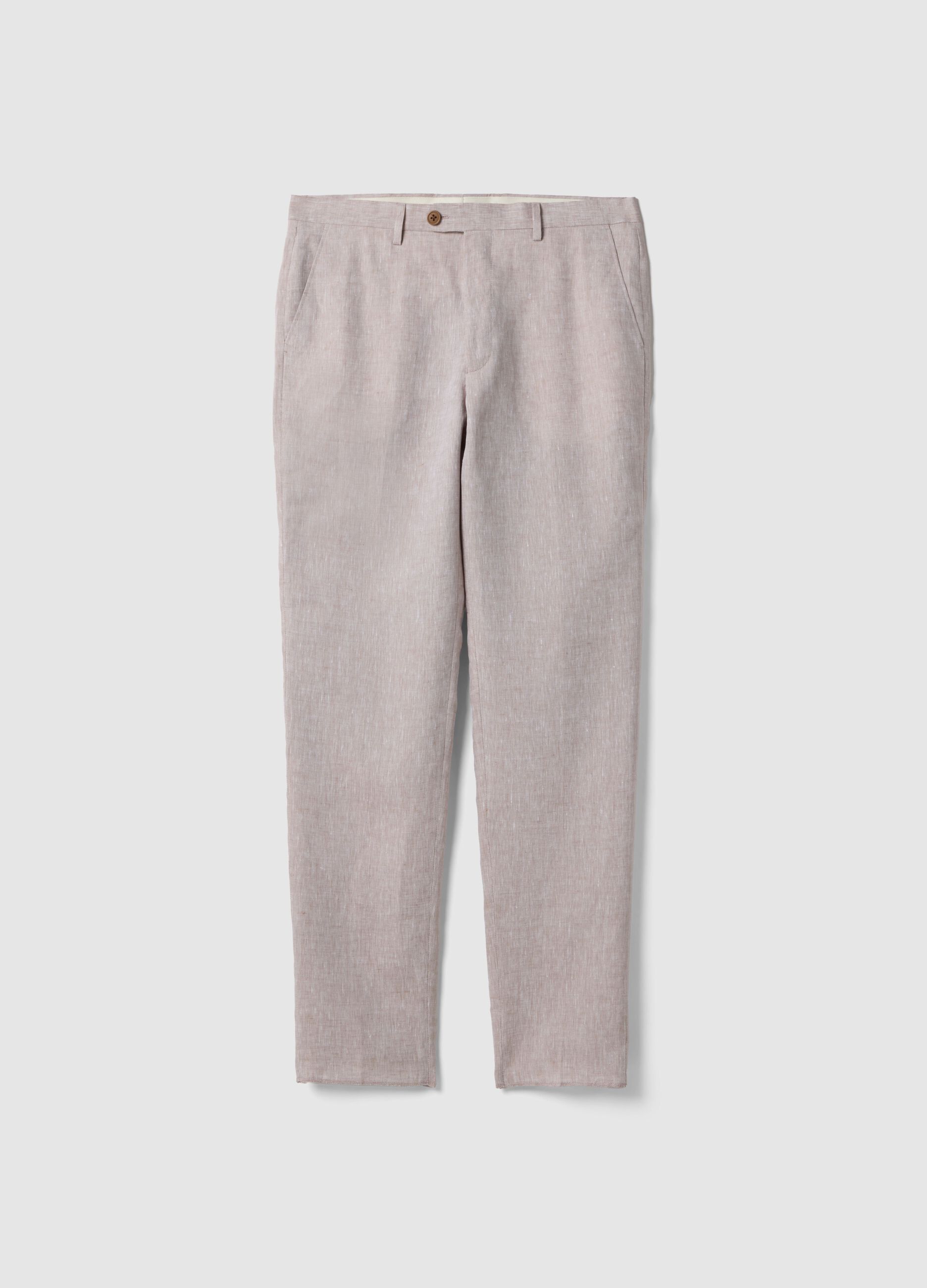 Beige pure linen slim fit trousers